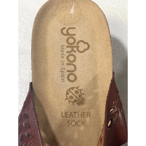 YOKONO Womens size 9.5 Redish Brown Strap Wedge Sandals Slip On Leather Cork - Picture 14 of 16